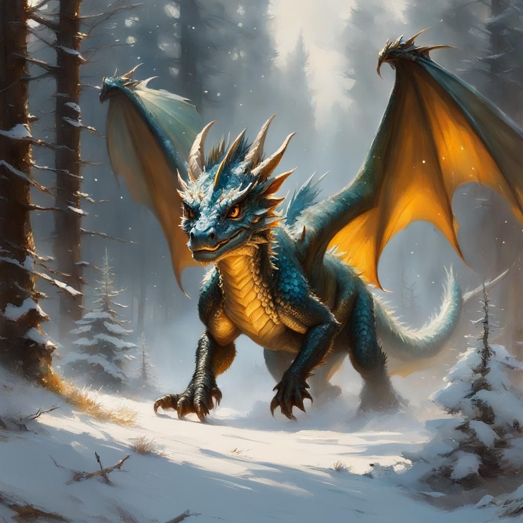 Baby Dragon in Snowy Forest: Matte Painting