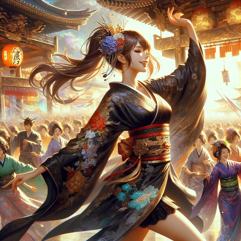Joyful Japanese Woman Dancing at Cultural Festival