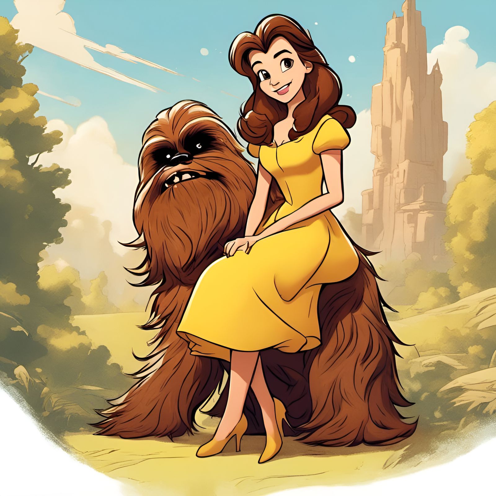 Belle and Chewbacca in Cartoon Style