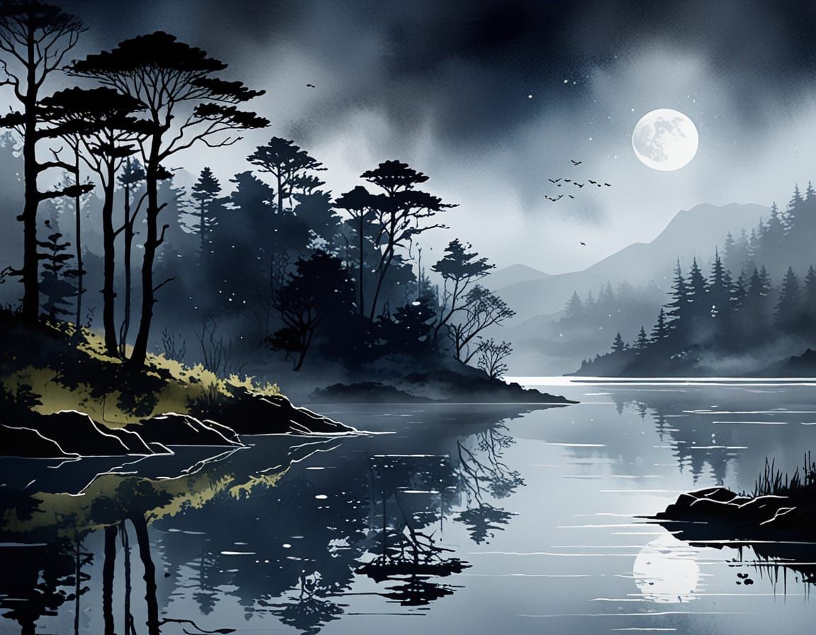 Mysterious Depths in a Moonlit Watercolour