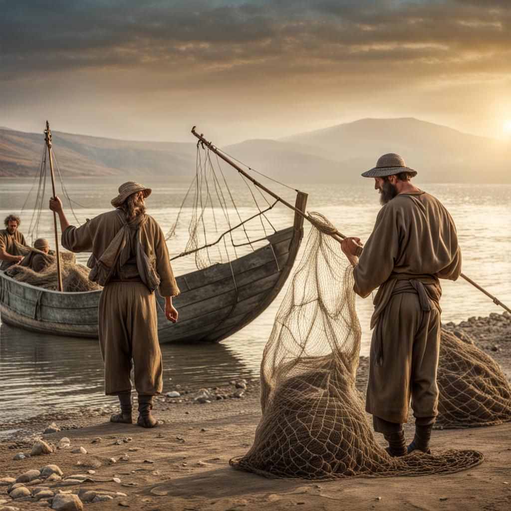 Fishermen Spreading Nets on Galilee Shore