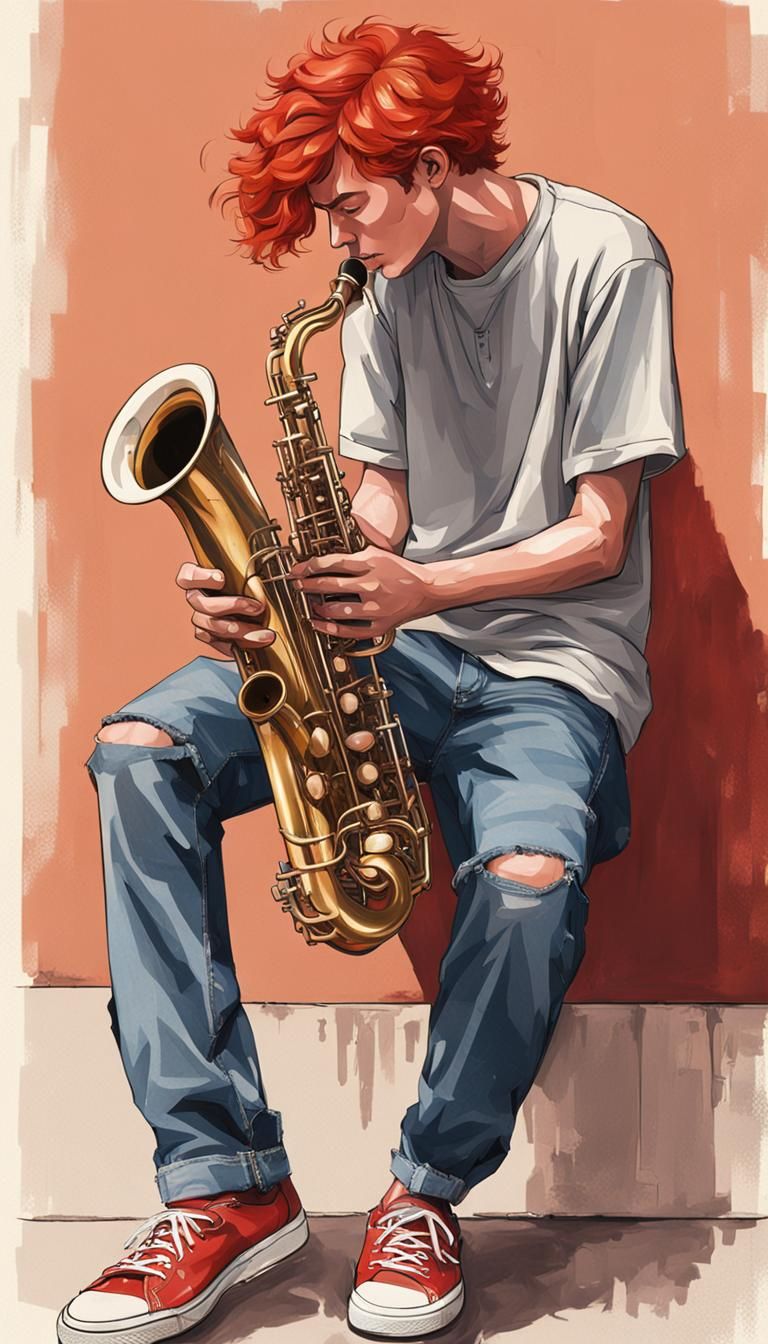 Young Man Playing Saxophone, Digital Art