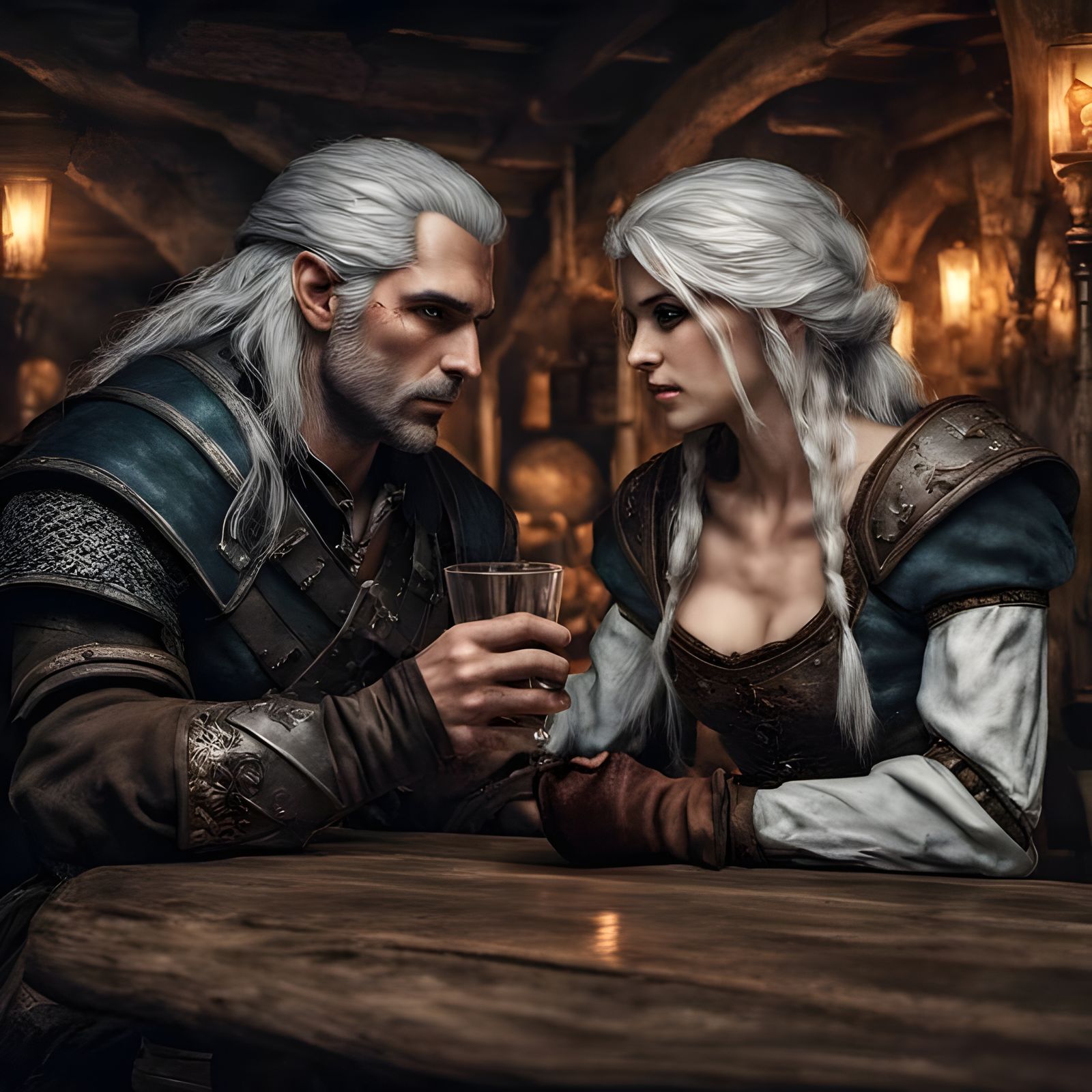 Witcher friendship: Geralt and Ciri having a drink