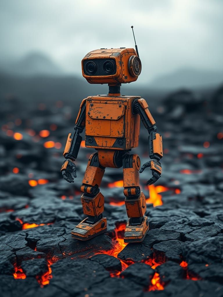 Weathered Robot in Volcanic Landscape