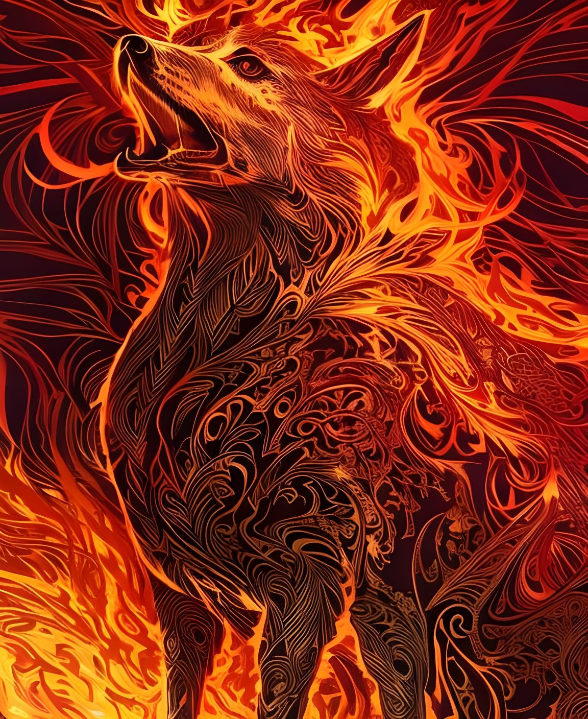 Flaming Hound Portrait with Golden Outline