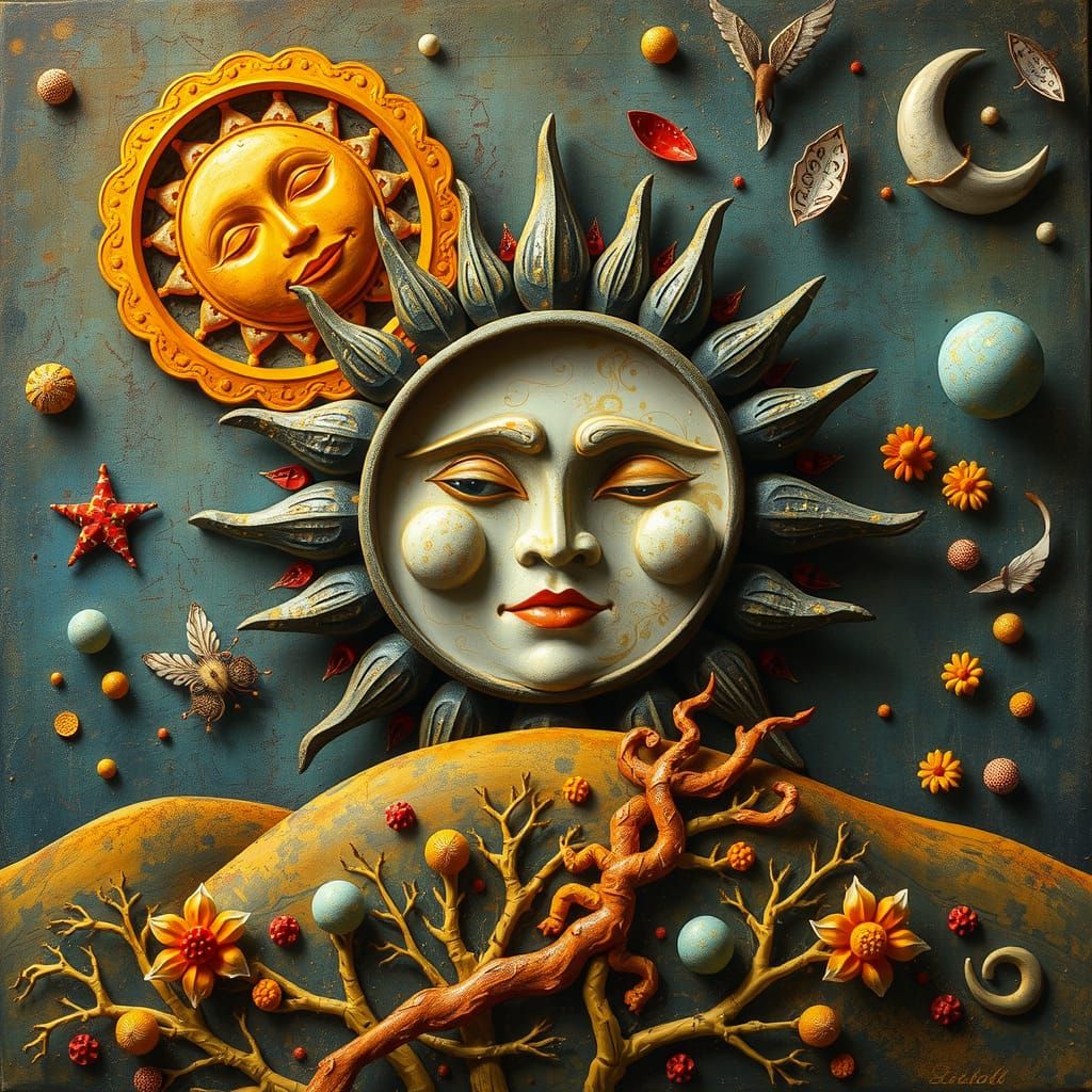 Stylized Sun and Moon Folk Art Masterpiece