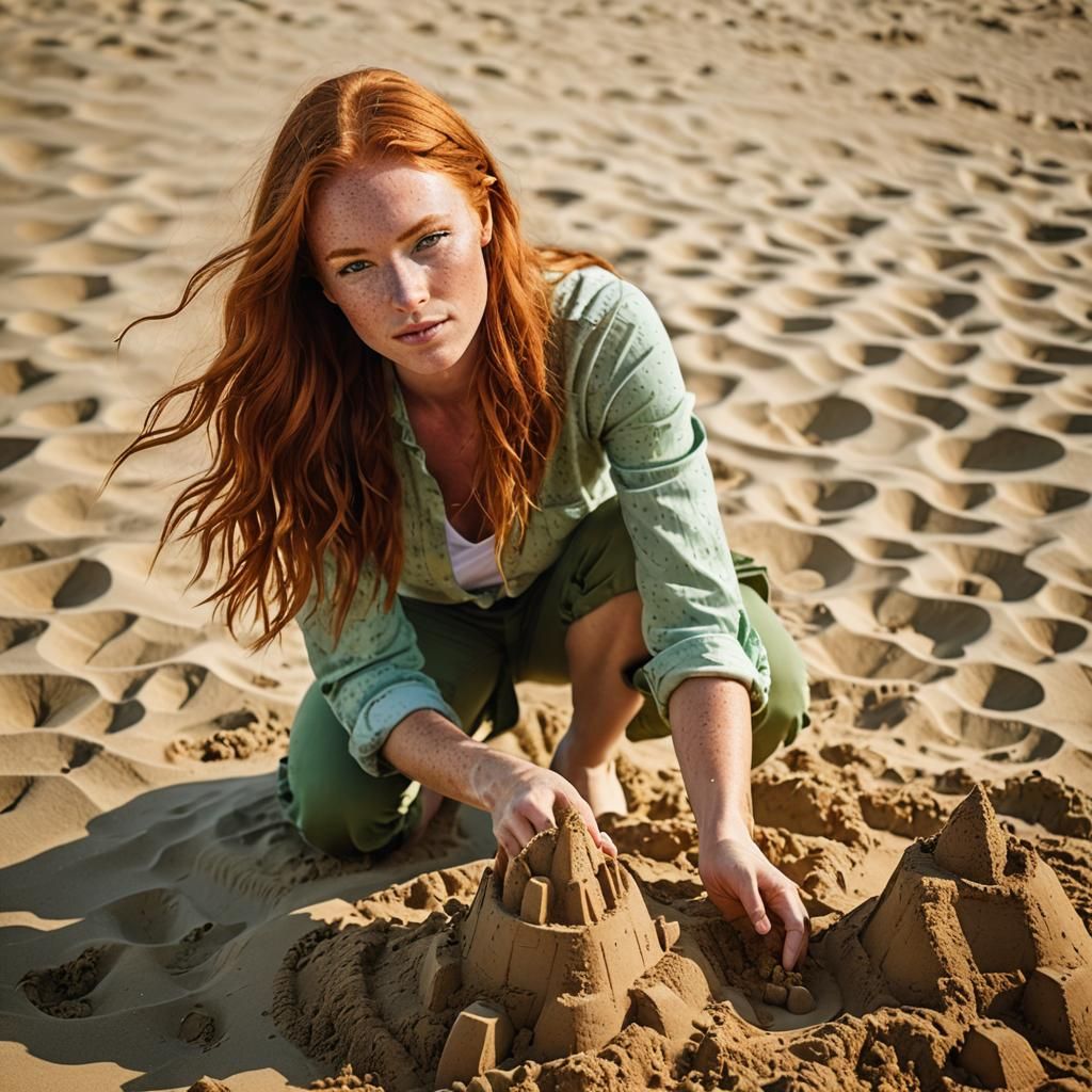 Redhead Builds Sandcastle on Tropical Beach: Photography