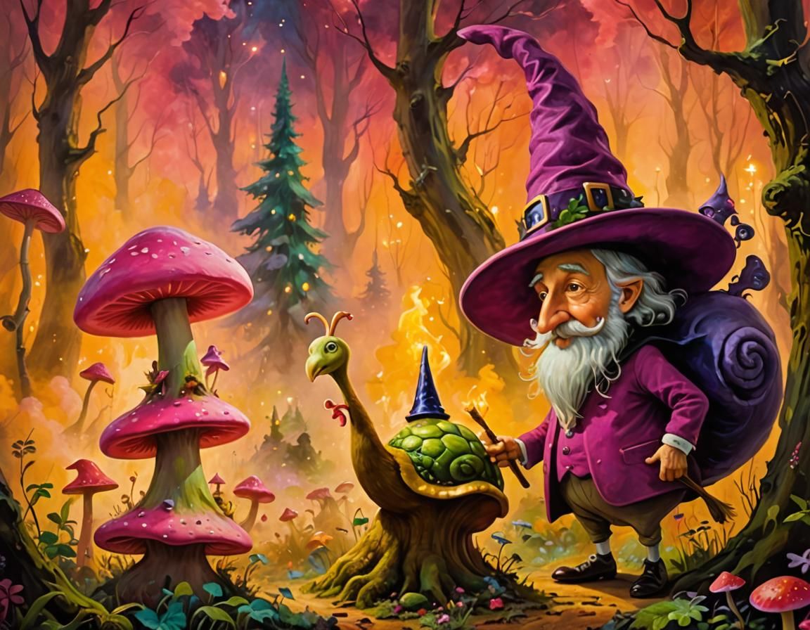 Whimsical Wizard in Forest, Impressionist Oil Painting