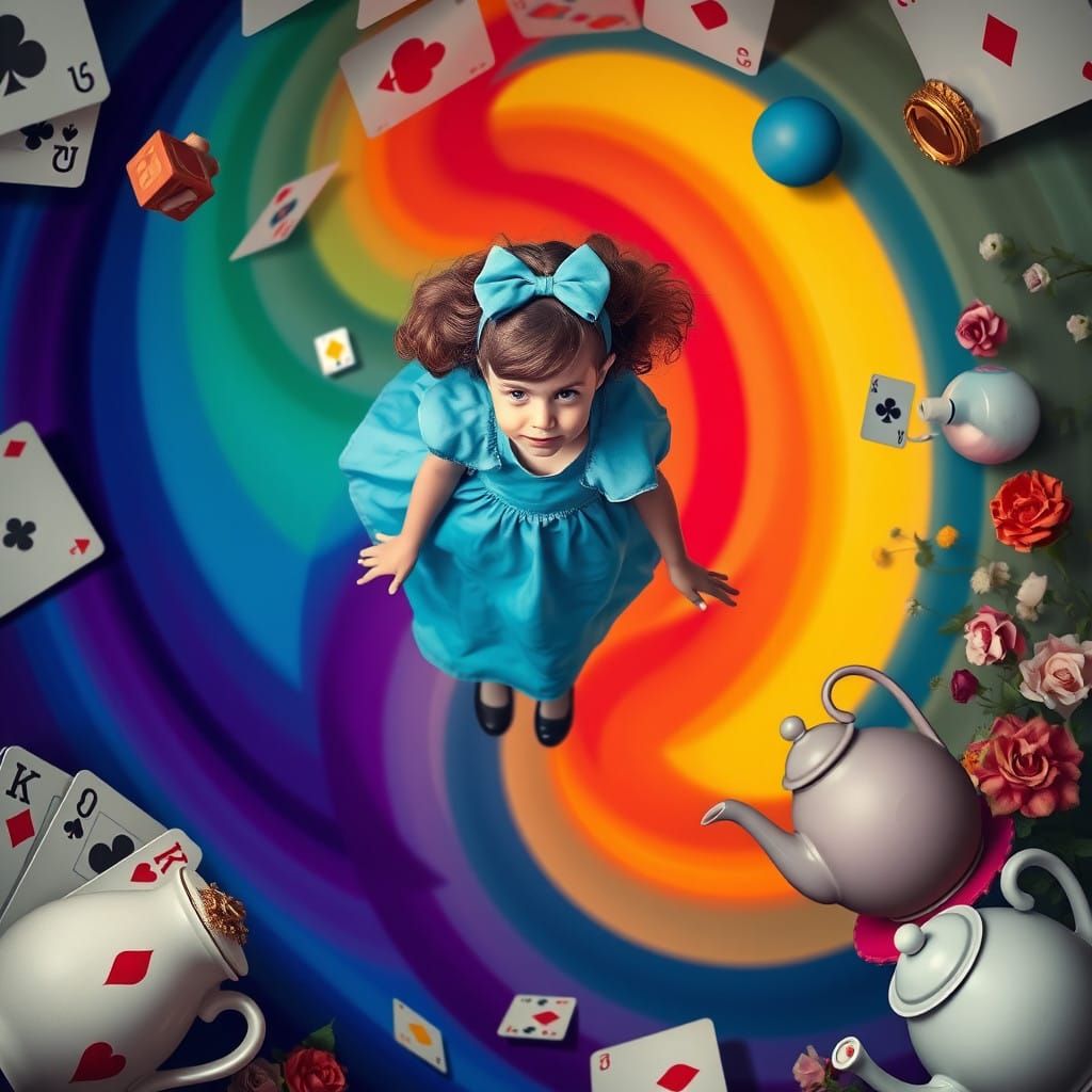 Young Girl Falls Down a Vibrant Vortex in a Fantastical Wond...