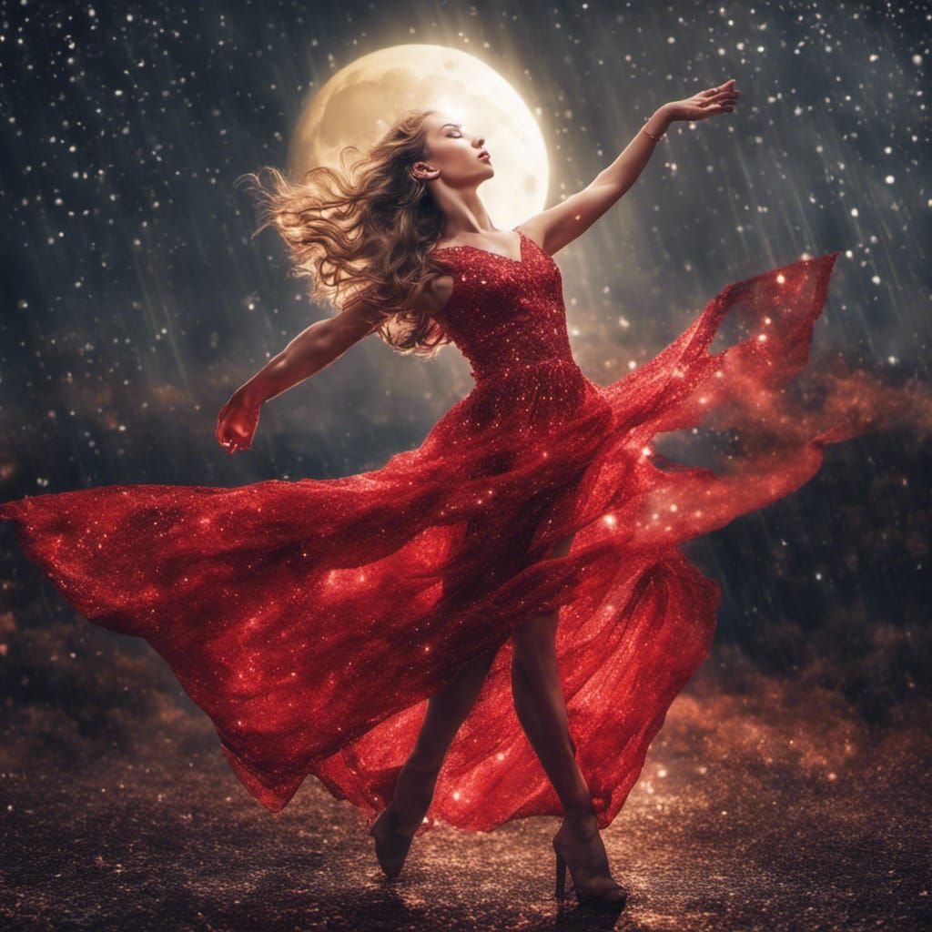 Woman Dancing in Glittery Dress Under Moonlight