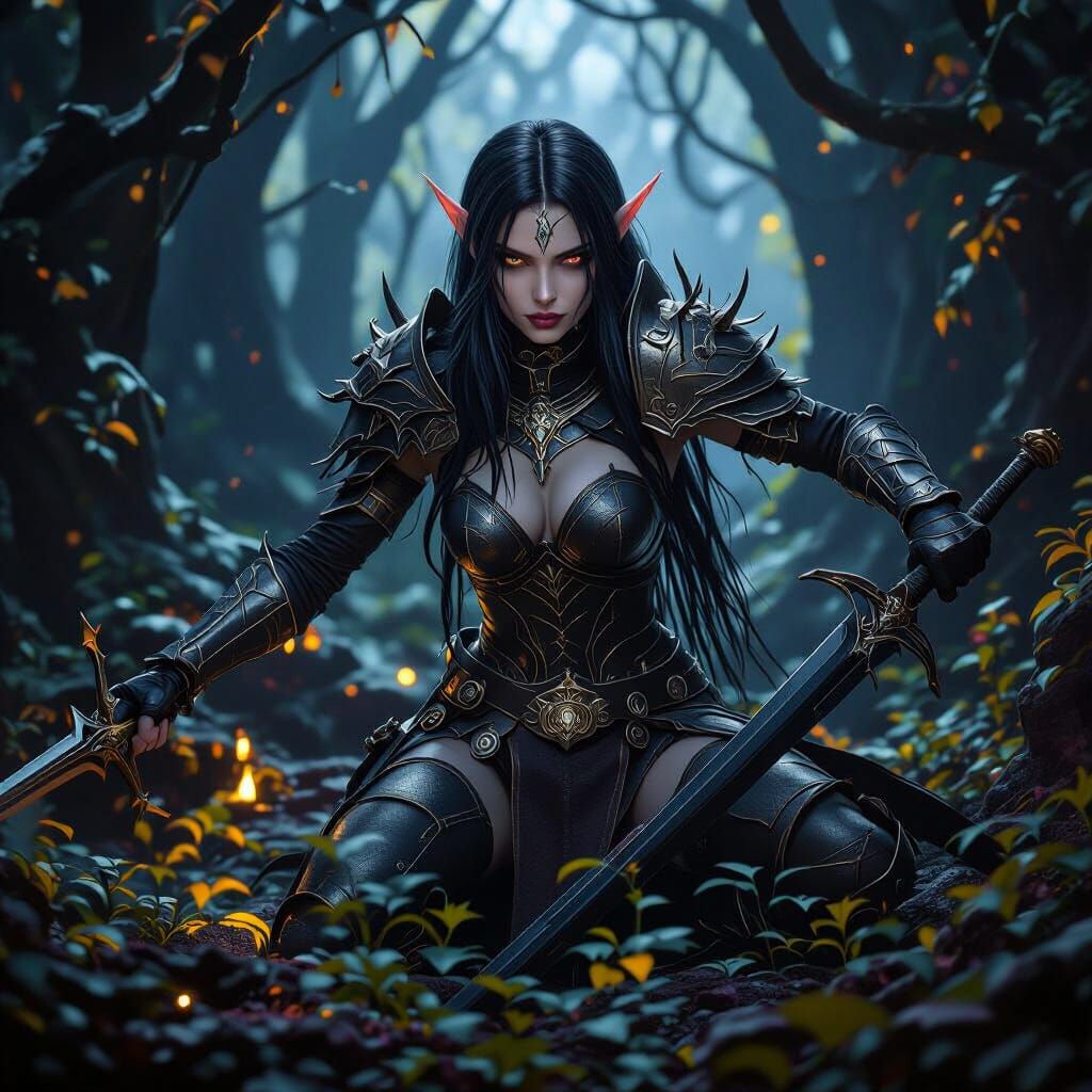 Elven Goth Warrior in Dark Fantasy Landscape