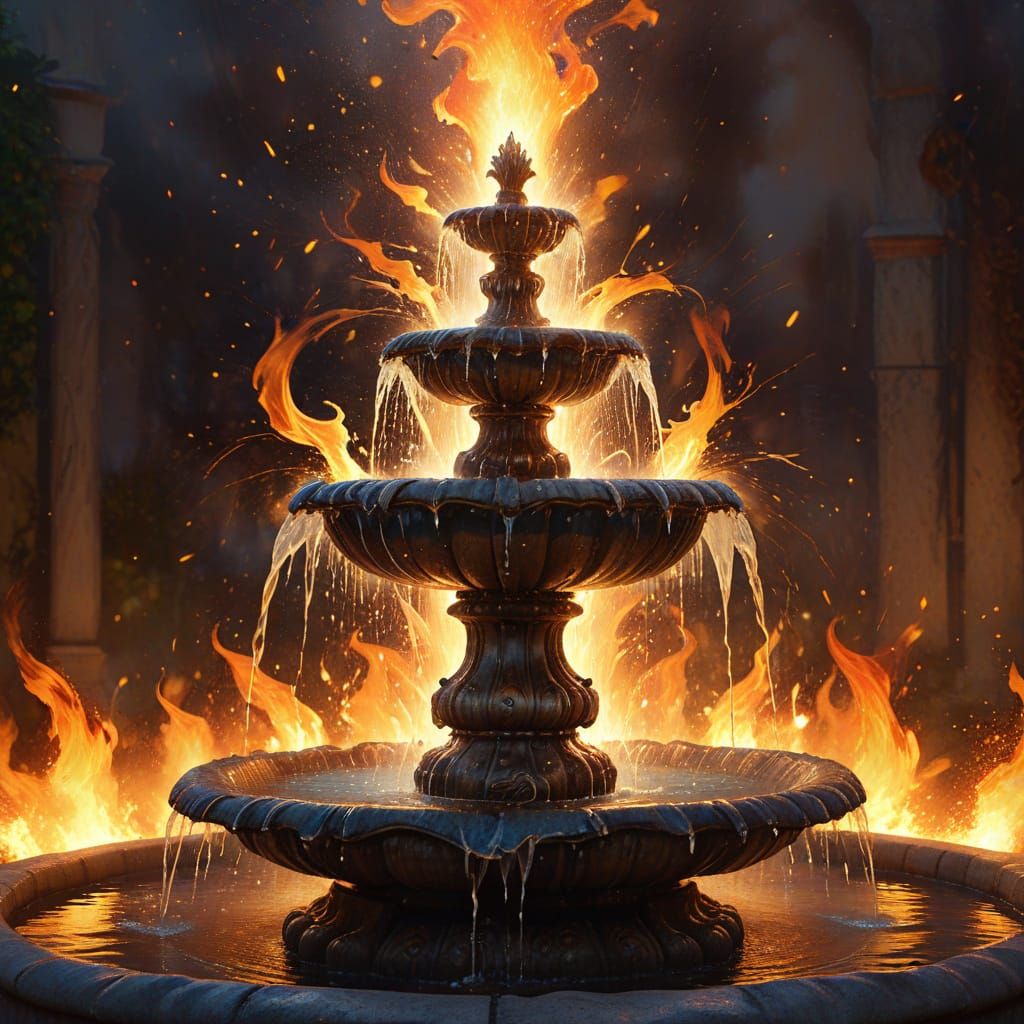 Radiant Fire Fountain Concept Art in Oil Painting Style