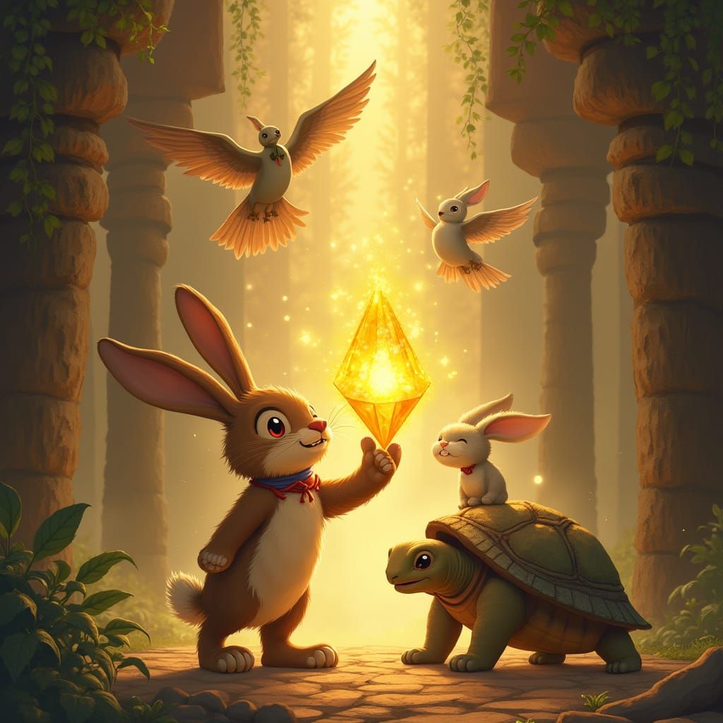 Resolute Rabbit Stands Before Crystal Core in Golden Temple