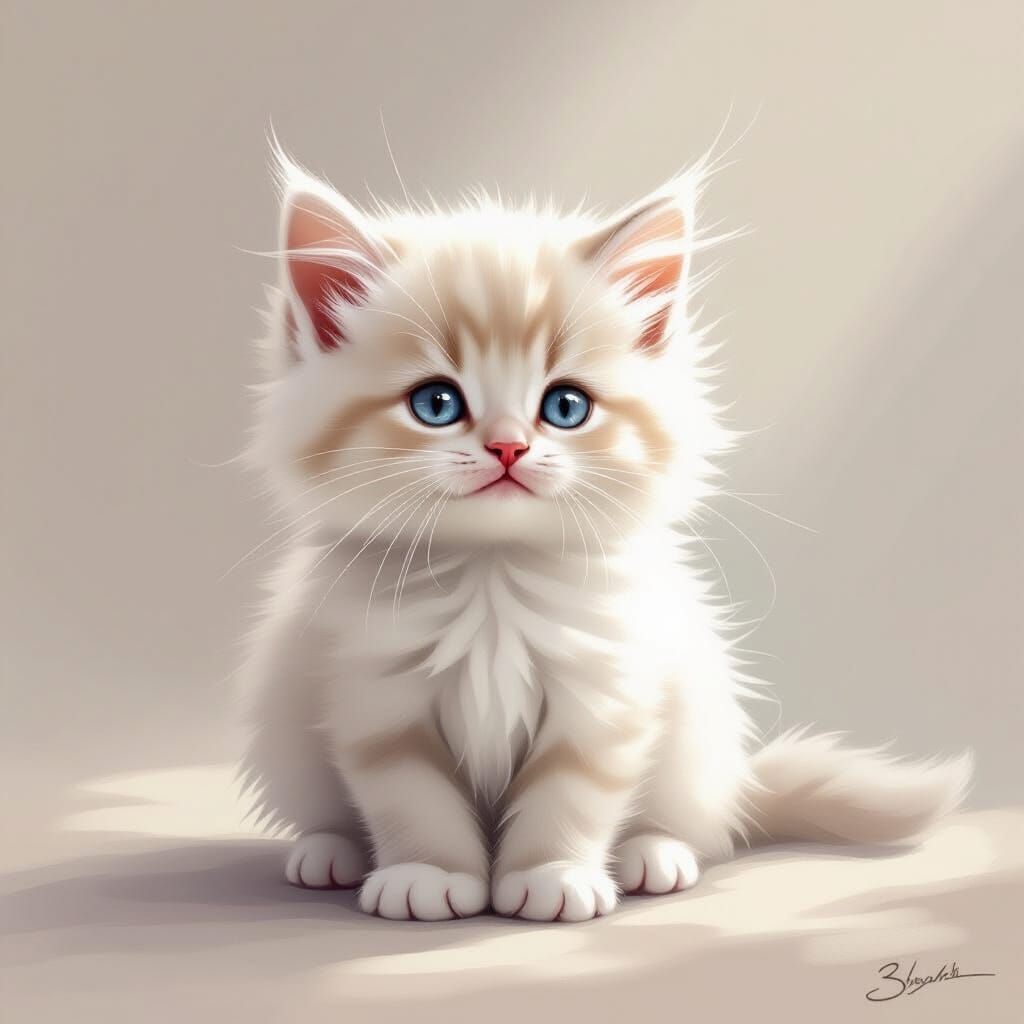 Fluffy White Kitten with Innocent Blue Eyes