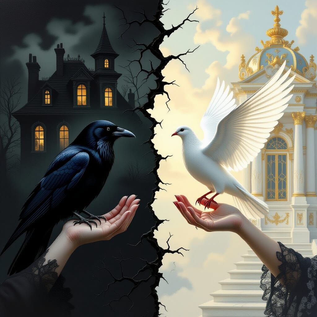 Surreal Split Image: Dark Crow vs. Light Dove
