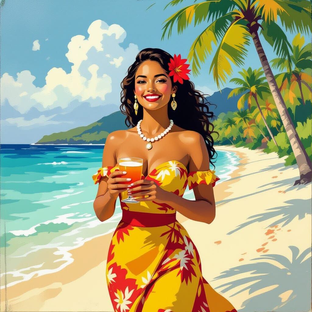 Tahitian Woman on Beach in Post-Impressionist Style