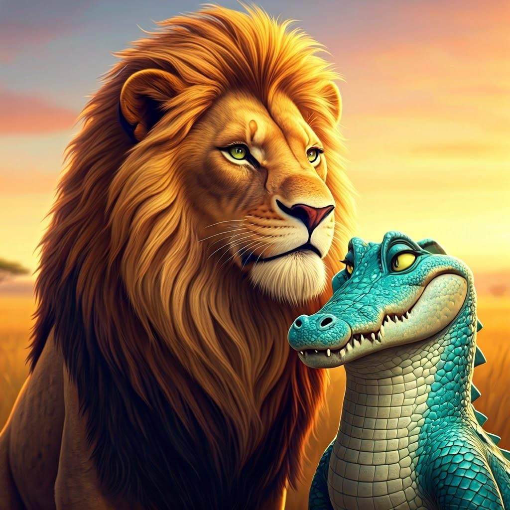 Golden Lion and Turquoise Crocodile in Enchanted Savannah Su...