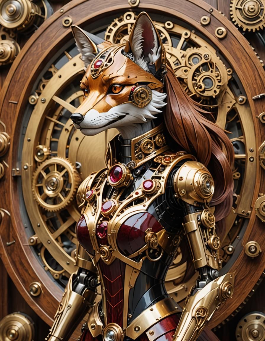 Art Nouveau Clockwork Fox Robot in Steampunk Style
