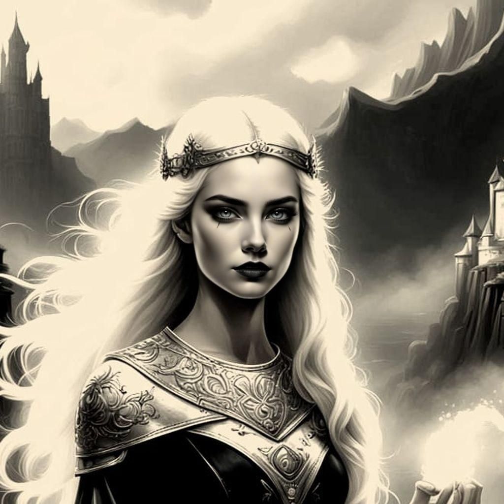 Fantasy Woman with Sword in Snowy Landscape