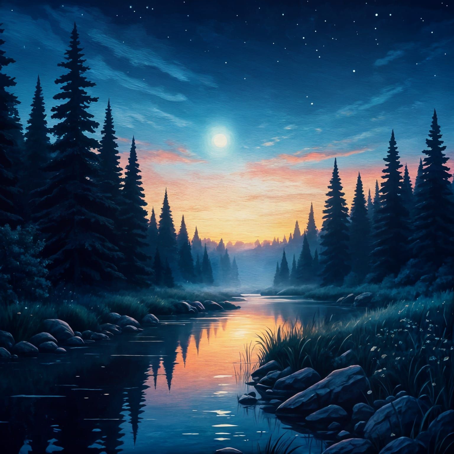 Tranquil Night Landscape Reflecting Starry Sky
