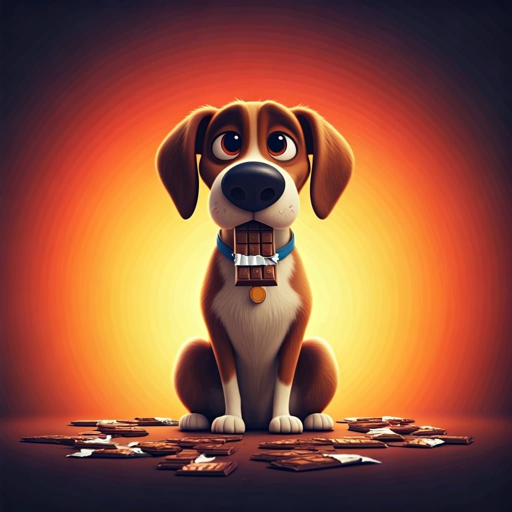 Guilty Dog Eating Chocolate: Pixar-Inspired 3D Art