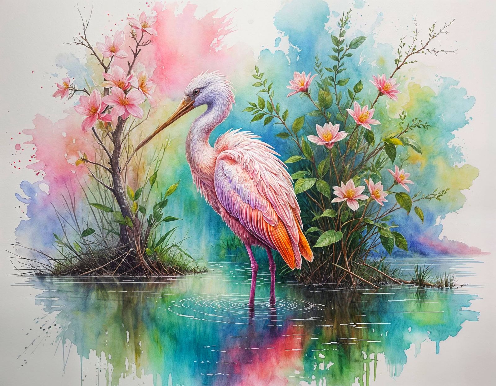 Roseate Spoonbill Wades in Mangrove Estuary Watercolour