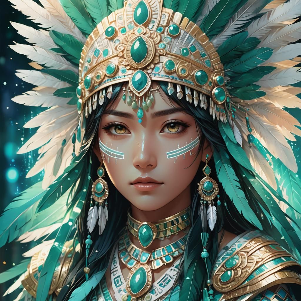 Aztec Woman Portrait with Feathers in Anime Style