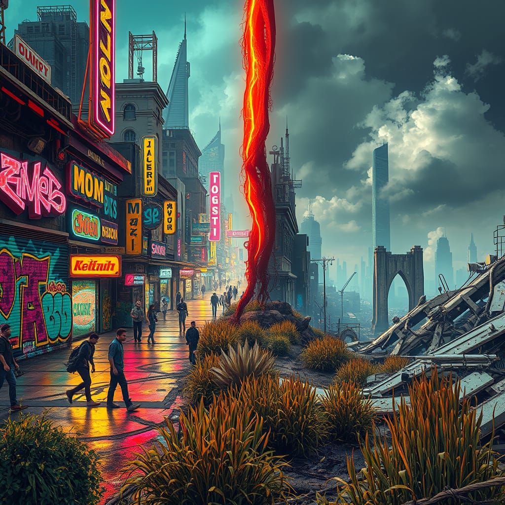 Cyberpunk Street Art Dissolving into Wasteland