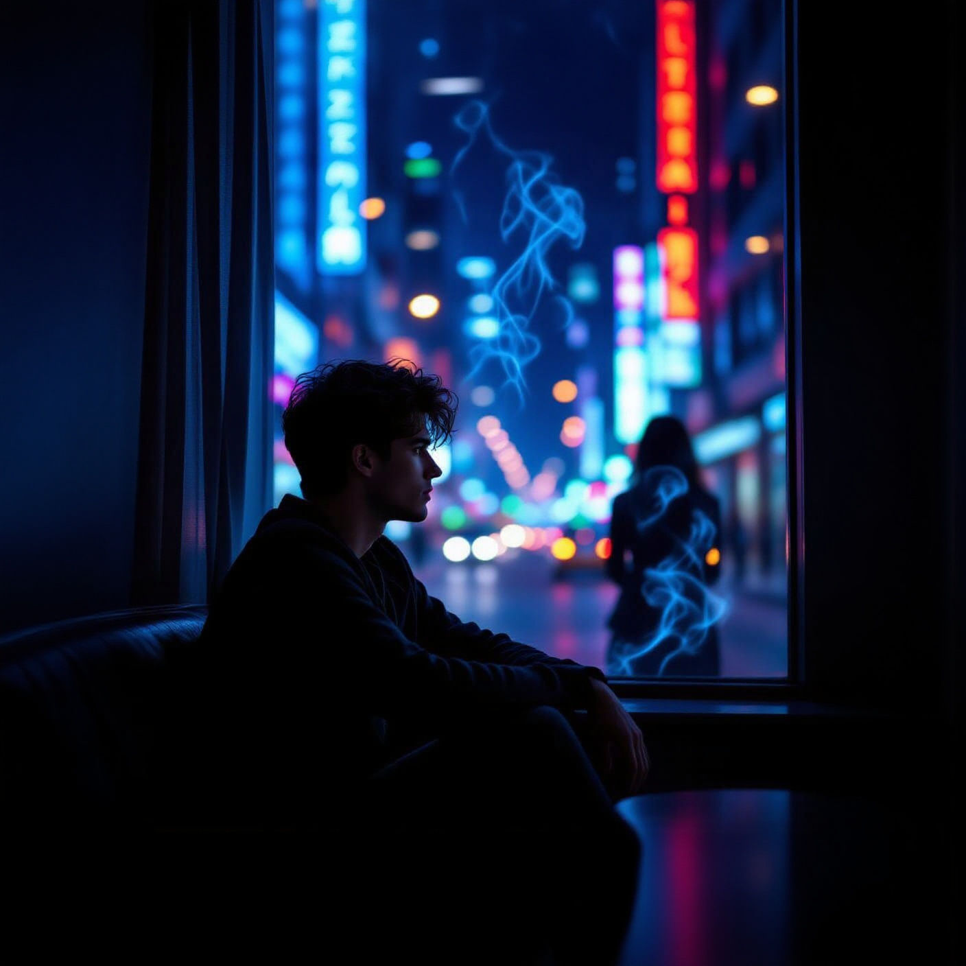 Man Gazes at Neon City Lights in Moody Room