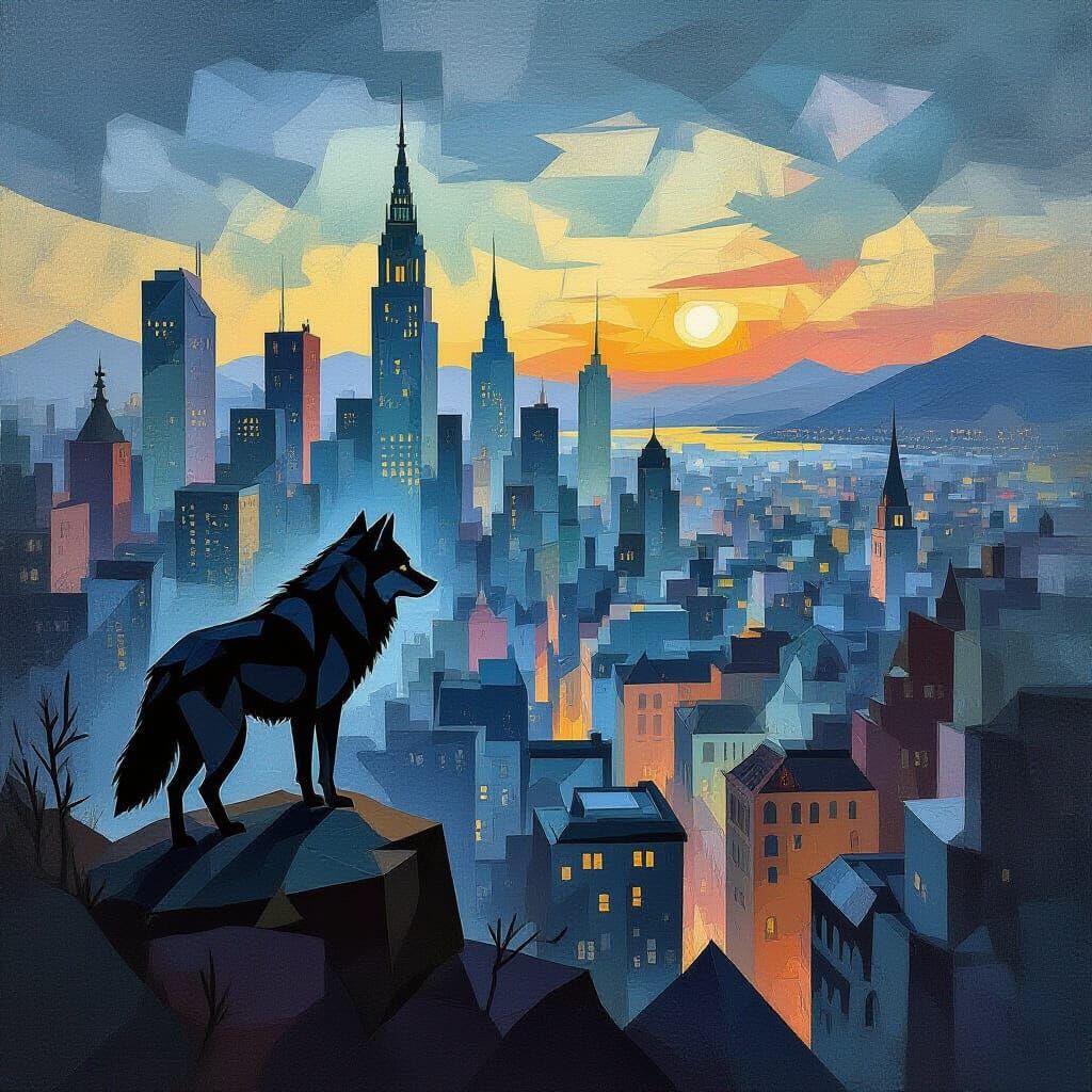 Cubist Lone Wolf Over Twilight Cityscape