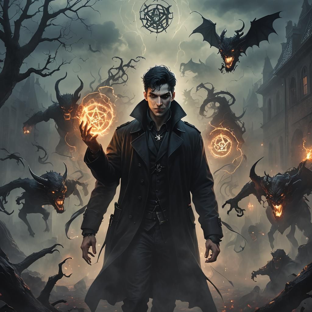 Dark Fantasy Man Casting Magic in Fog