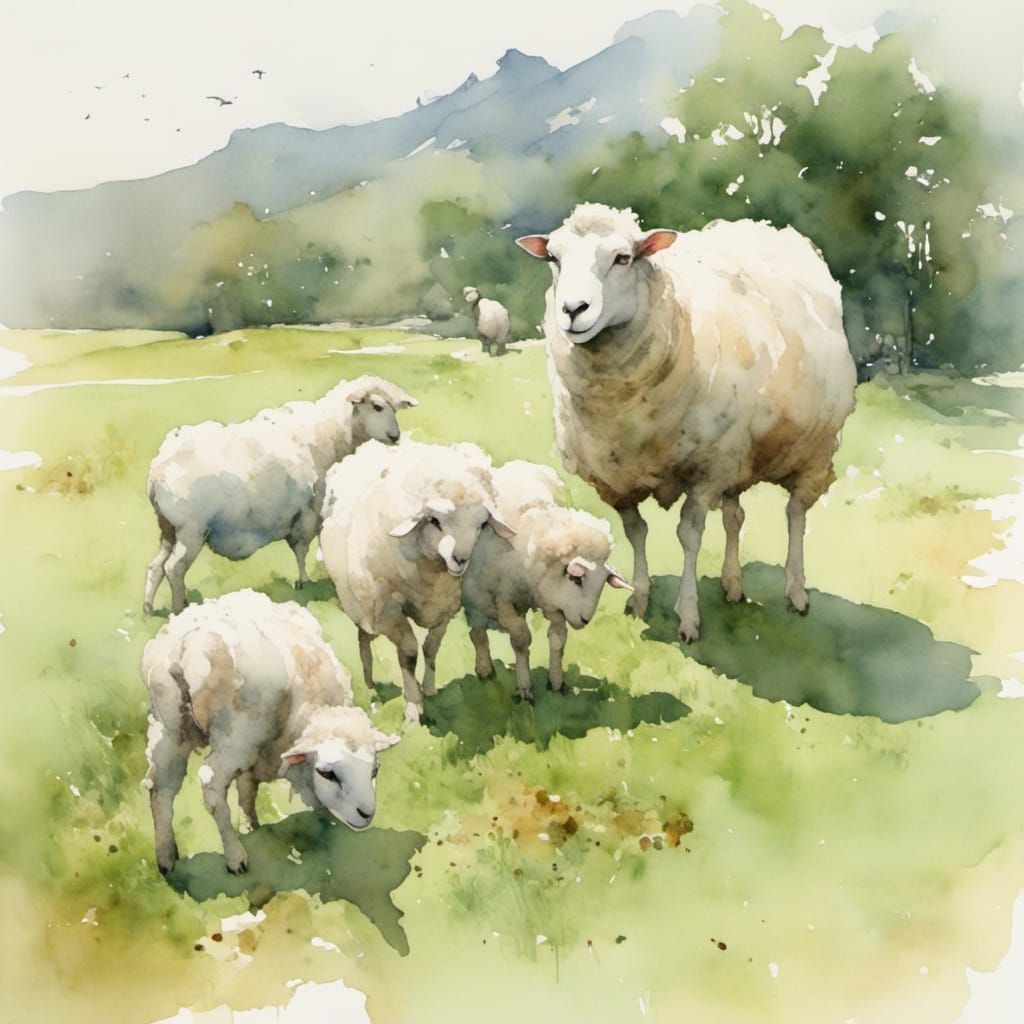 Sheep Grazing in Green Pasture, Watercolor Style