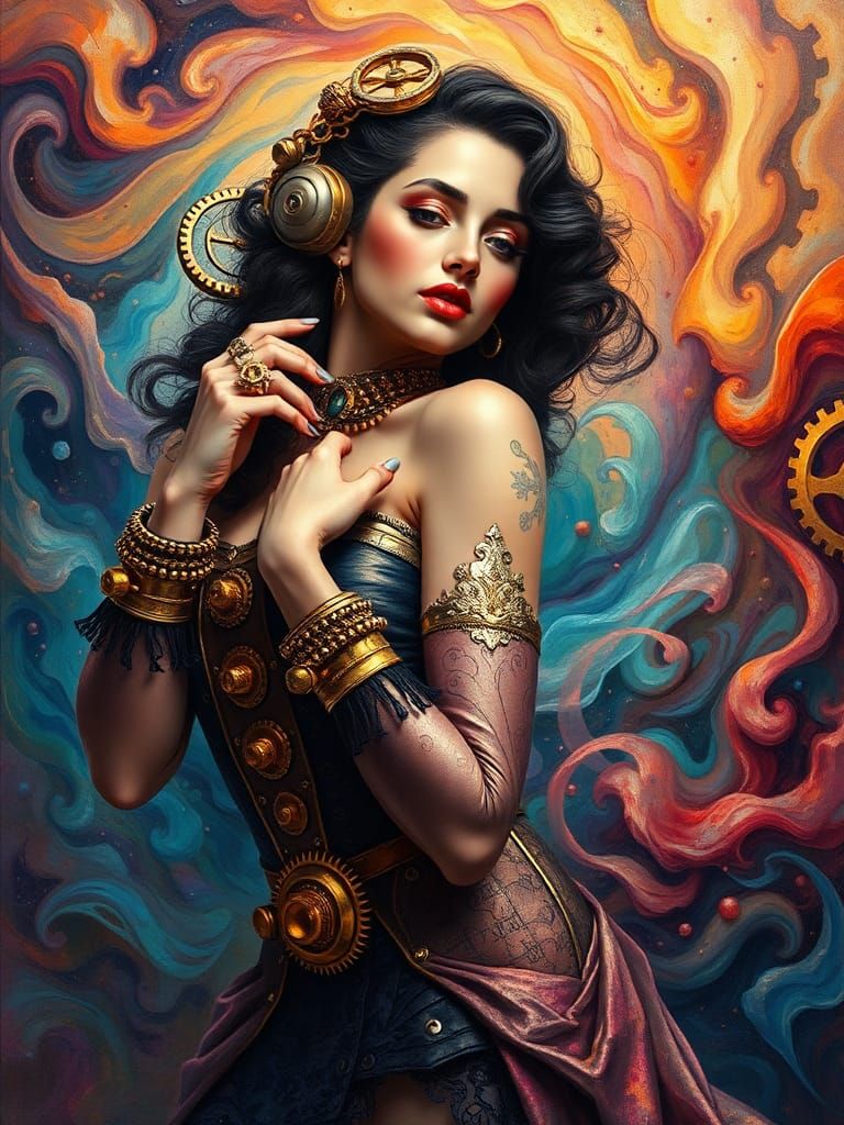 Hedy Lamarr in Steampunk Outfit, Alcohol Ink Art