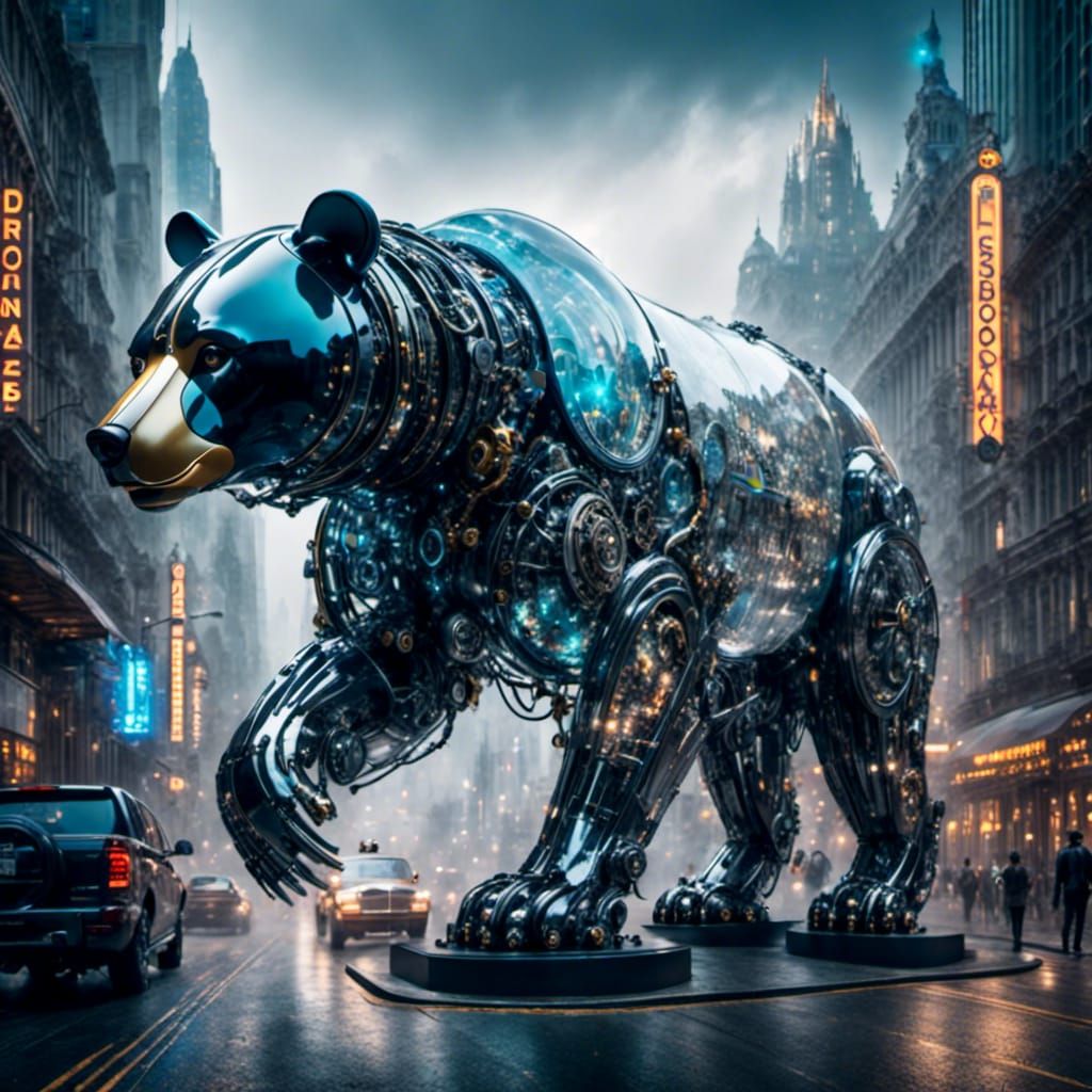 Translucent Cybernetic Bear Carrying Miniature Metropolis