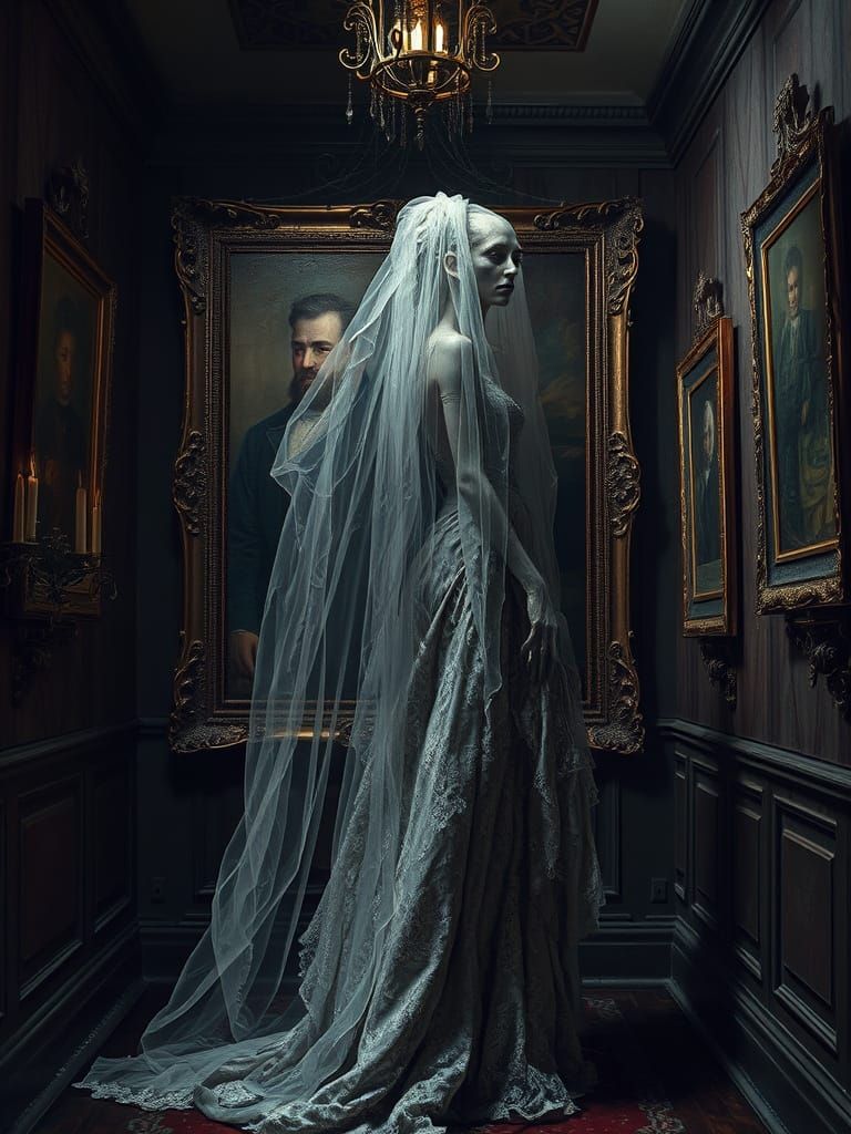 Ethereal Bride Emerges from Faded Baroque Portrait