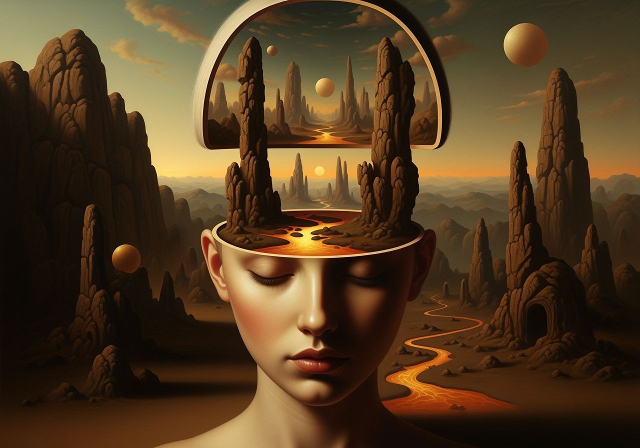 Surreal Portrait of Woman's Head Revealing Inner Dreamscape