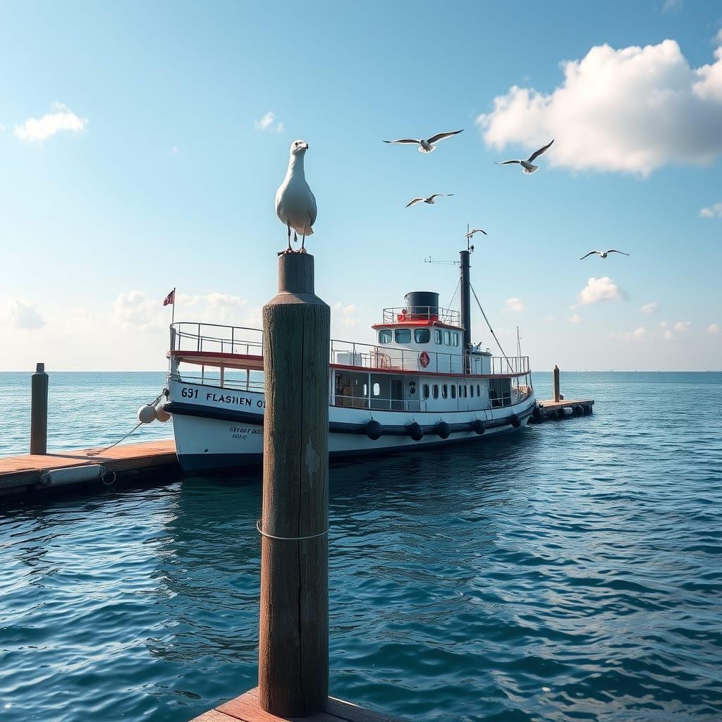 Seagull Resting as Vintage Steamboat Docks