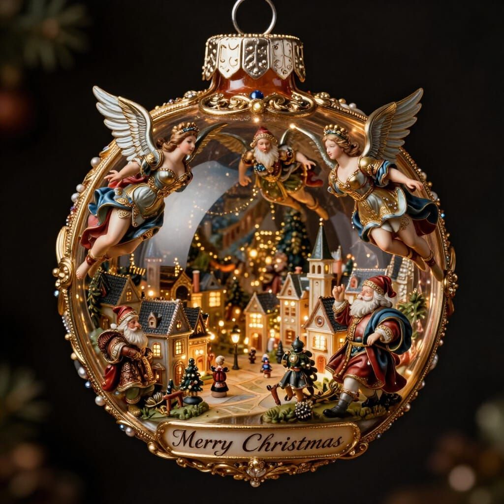 Ornate Baroque Christmas Bauble with Santa's Village and Val...