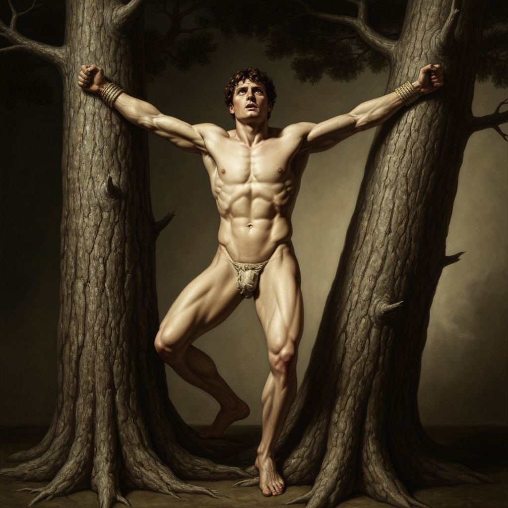 Heroic Theseus Bound Between Pine Trees in Classical Style