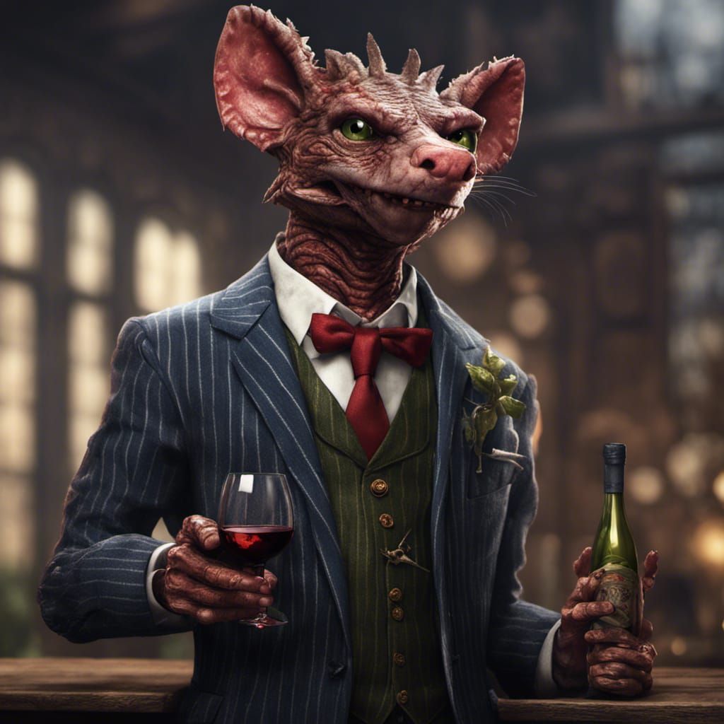 Kobold in Pinstripe Suit with Wine