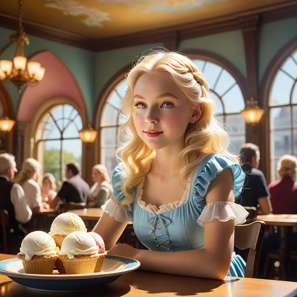 Girl in Sunlit Ice Cream Parlor as Renaissance Painting
