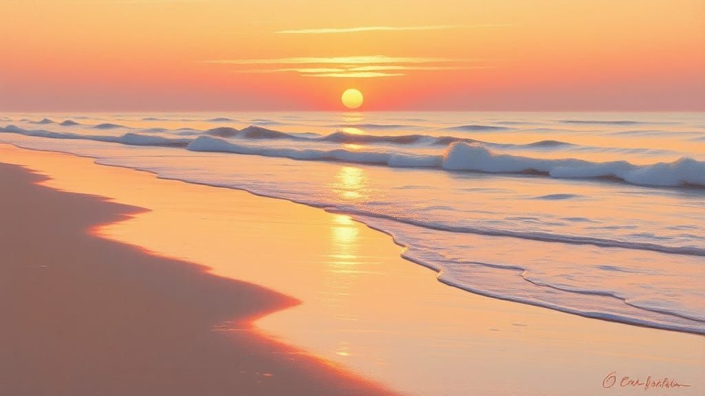 A watercolor painting of a peaceful beach at sunset.