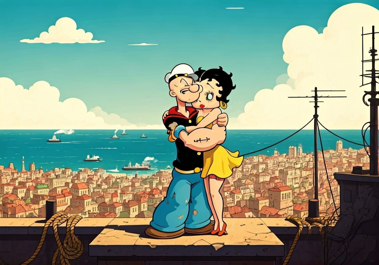 Popeye and Betty Boop Embrace in 1930s Cartoon Style