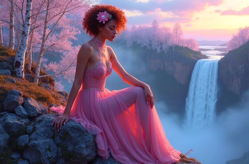Majestic Woman Overlooking Waterfall in Cyberpunk Style