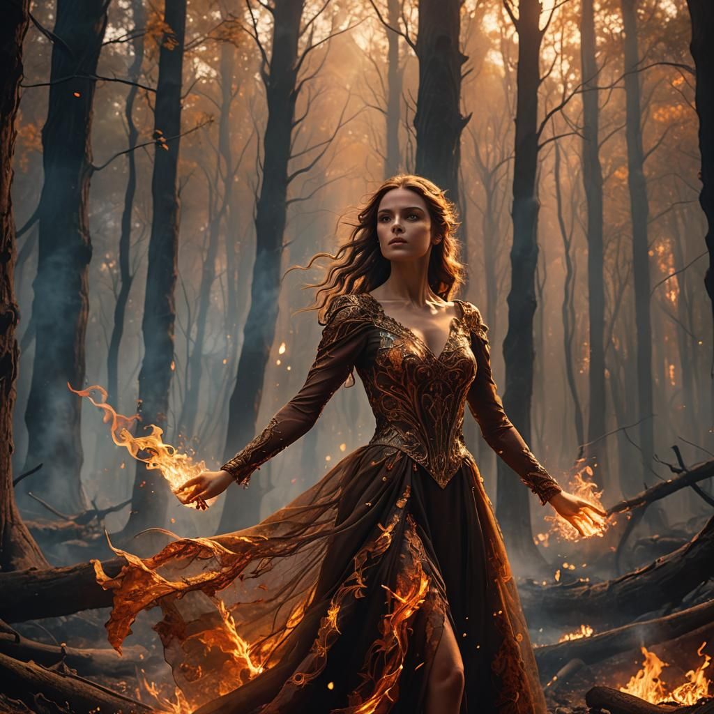 Fiery Forest: Fantasy Art of Woman Amidst Flames