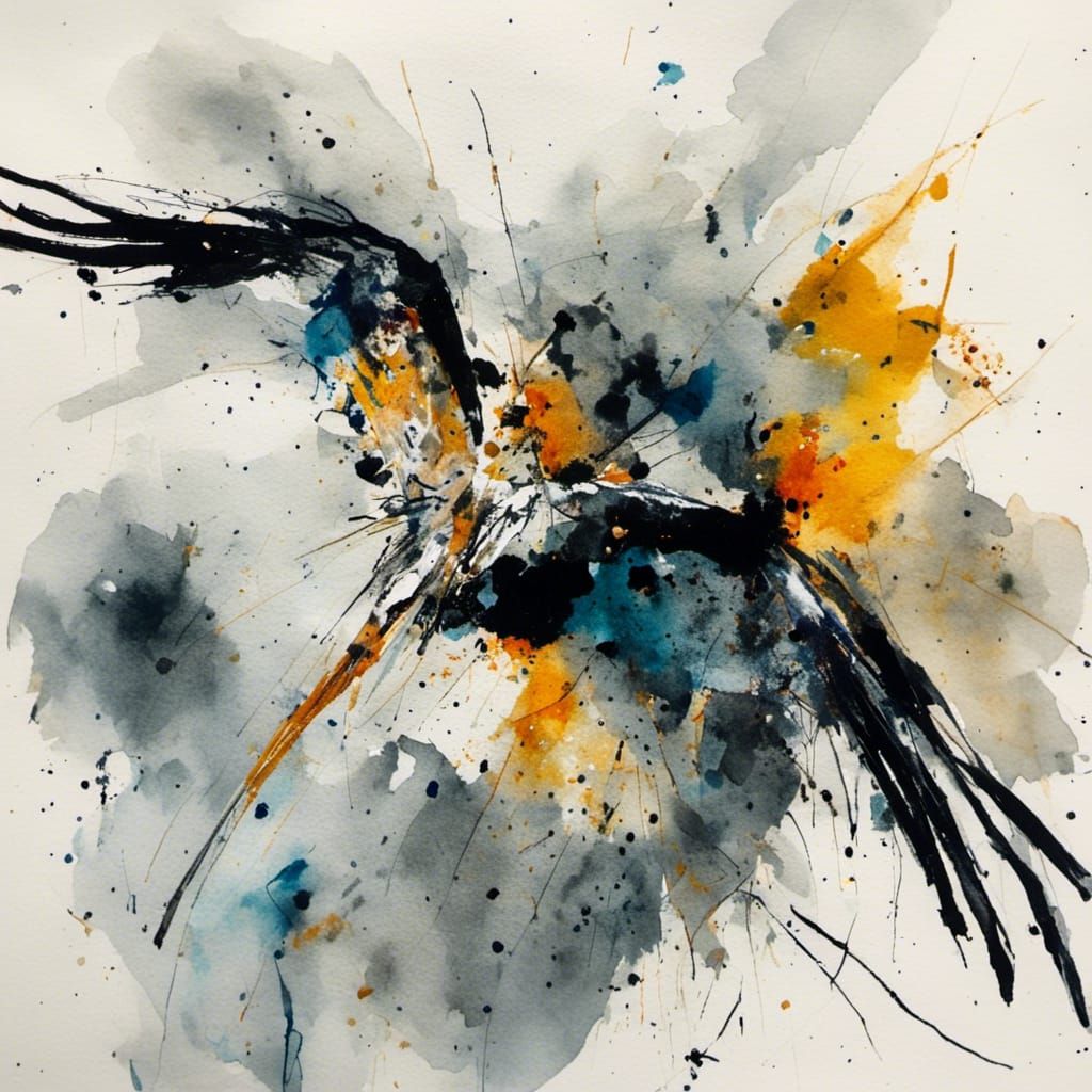 Crane in Flight Ink Wash Analogous Colors