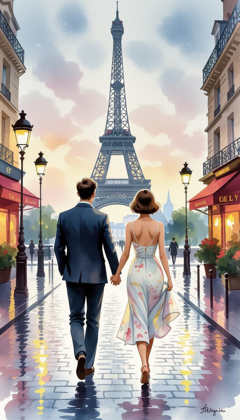 Couple Walks to Eiffel Tower in 1900 Paris