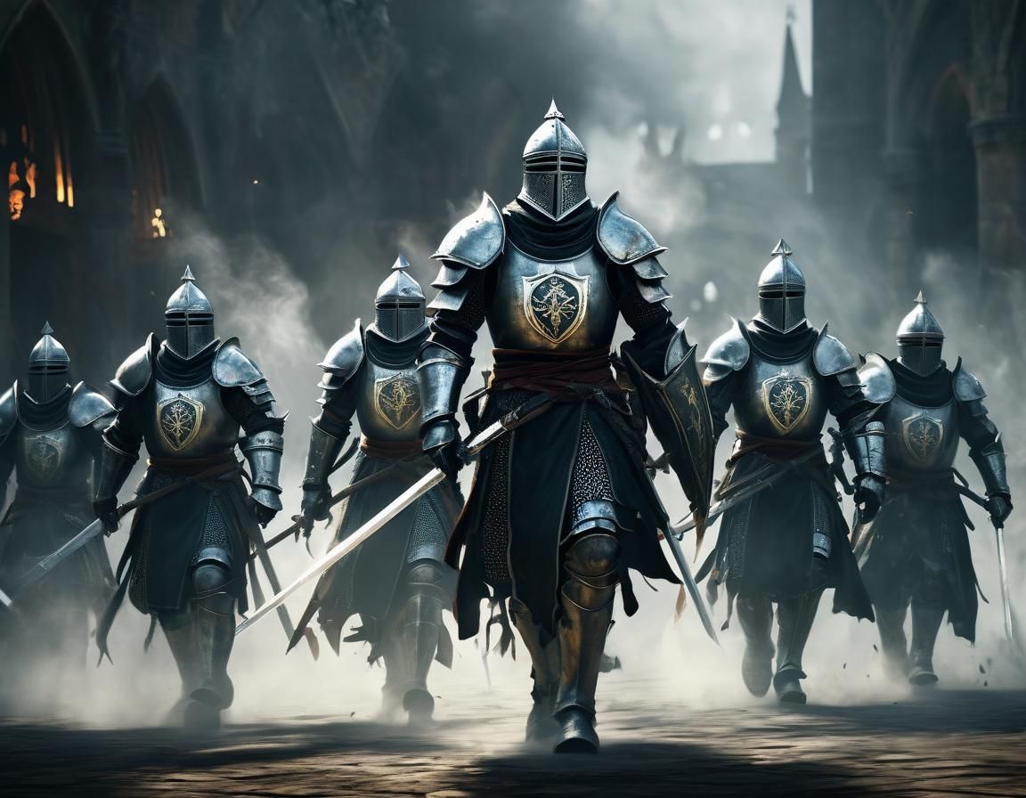 Armored Knights Charge into Swirling Vortex