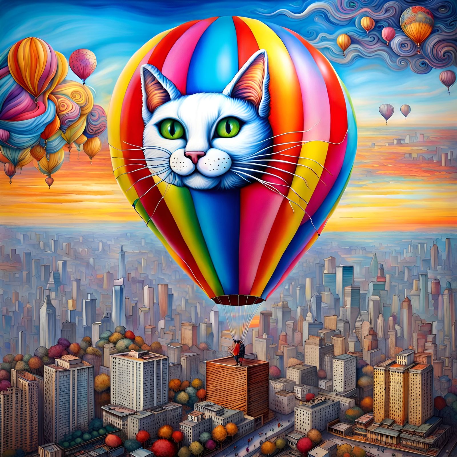 Balloon Cat Over City in Art Nouveau Style