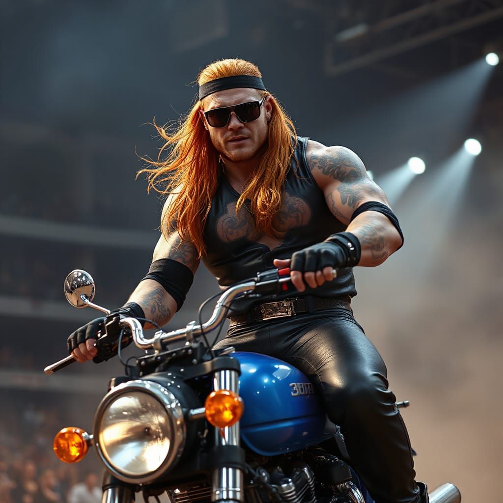 Cyberpunk Wrestler on Motorcycle in Smoky Arena